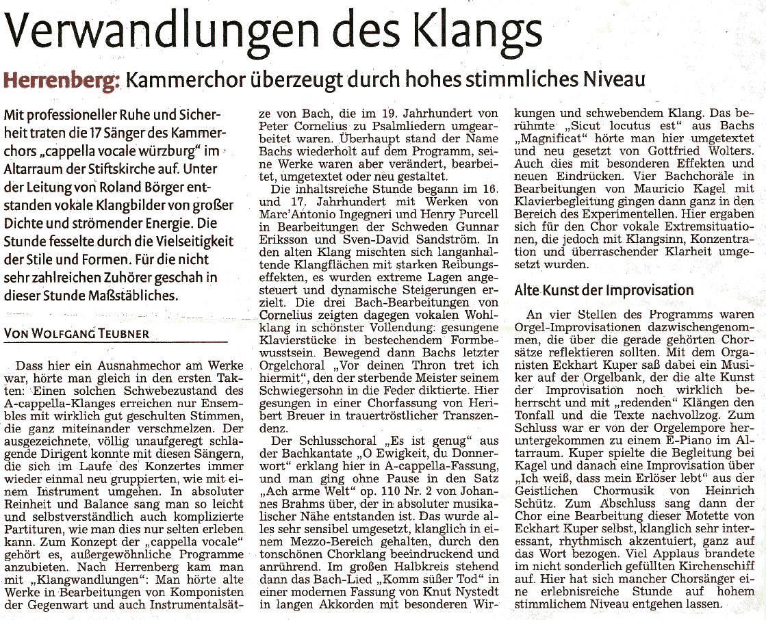 Verwandlungen des Klangs: Kammerchor &uuml;berzeugt durch hohes stimmliches Niveau</p>
